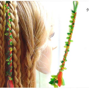 Braid red orange green leaves color of choice forest elves hippie hair wrap extension hair jewelry elf boho strand extension dreads braid in image 1