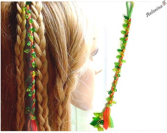 Braid red orange green leaves color of choice forest elves hippie hair wrap extension hair jewelry elf boho strand extension dreads braid in