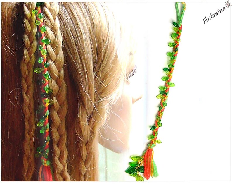 Braid red orange green leaves color of choice forest elves hippie hair wrap extension hair jewelry elf boho strand extension dreads braid in image 1