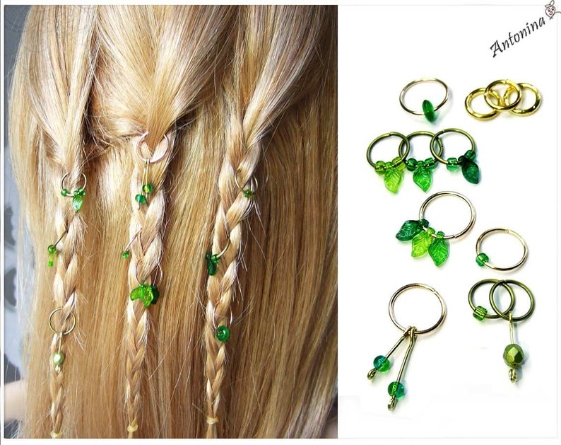 12 hair rings blue turquoise silver gold braids cornrows dreads bronze leaves forest elves braid pendant charms ivory bridal rings pearl hair accessories Green