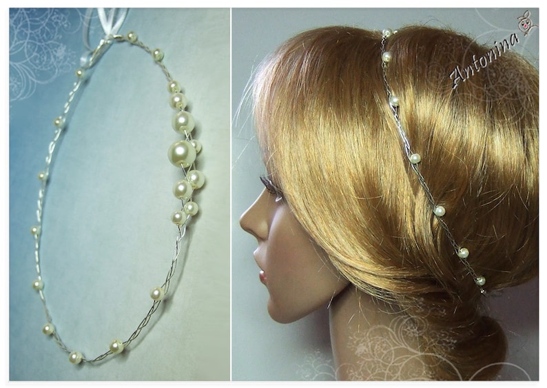 Diadem pearls simple hair wreath subtle tiara hair vine wedding silver gold decorative wreath bridal hair accessories wire delicate headpiece dainty fine image 3