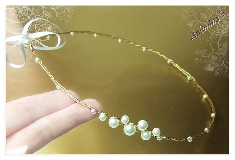 Diadem pearls simple hair wreath subtle tiara hair vine wedding silver gold decorative wreath bridal hair accessories wire delicate headpiece dainty fine image 8
