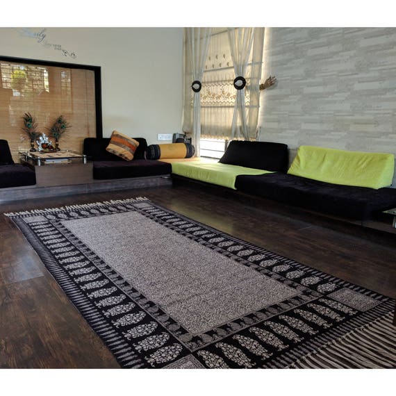 Floral Jaal Paisley Hand Block Print Rug White Black Etsy