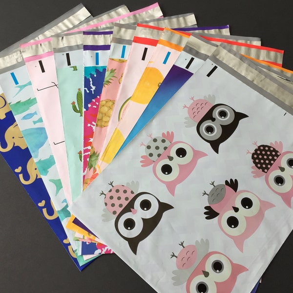 25 YOU CHOOSE Fun Assorted Designer Poly Mailers 10x13 Elefants Pineapple Watermelon Cactus Owls Tie Dye Flamingo Envelopes Shipping Bag