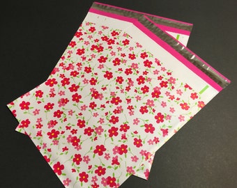 50 Designer Poly Mailers 10x13 Little RED FLOWERS Envelopes Shipping Bags Spring Mother's Day