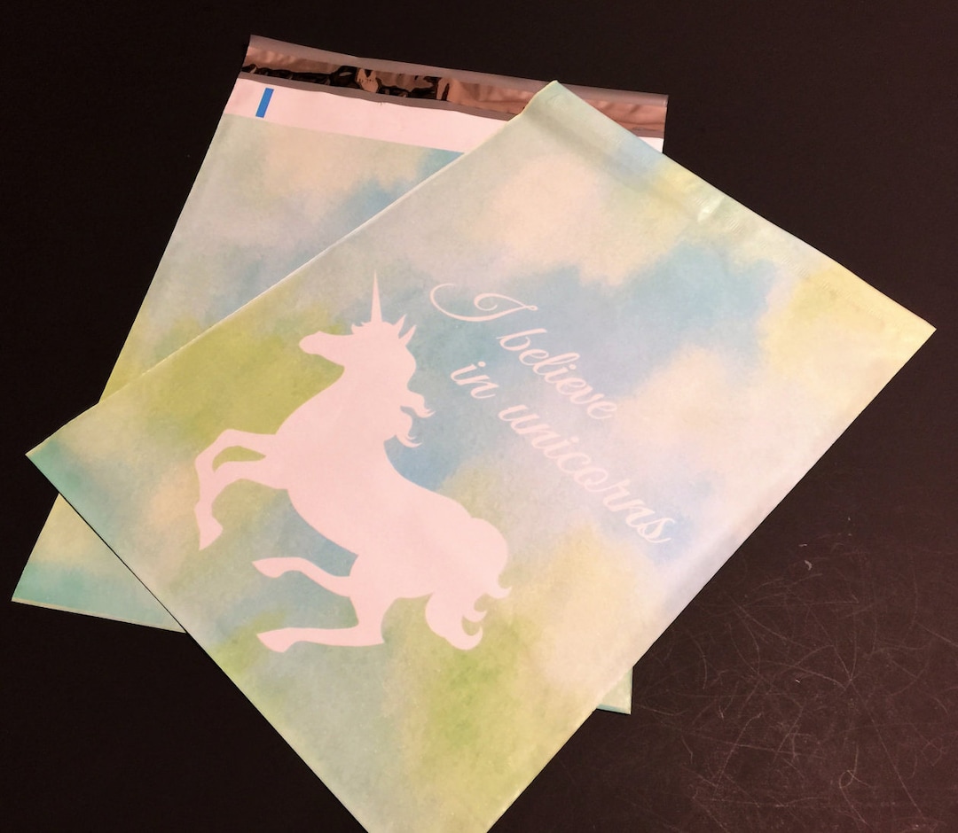 100 Designer UNICORN Poly Mailers 10x13 Blue and Green Watercolor