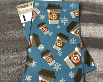 50 6x9 Christmas Coffee Cups with Snowflakes Poly Mailers Envelopes Shipping Bags