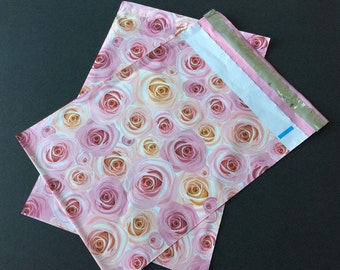 25 NEW 9x12 Designer Poly Mailers Roses Pink Peach Flowers Self Sealing Envelopes Shipping Bags