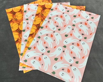 50 Designer PUMPKIN and Halloween GHOSTS Poly Mailers 10x13 Envelopes Shipping Bags Fall 25 each