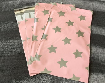 50 sobres de polietileno rosas con estrellas plateadas de 6x9 pulgadas para envíos.