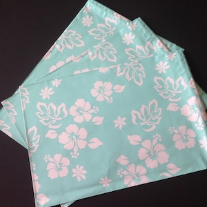 25 12x15.5  Hawaiian White and Turquoise Hibiscus Flowers Poly Mailers Envelopes Shipping Bags Spring