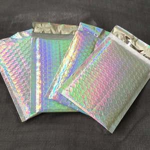 40 4x8 Silver Hologram Poly Bubble Mailers Size 0  Padded Self Sealing Shipping Envelopes  Christmas
