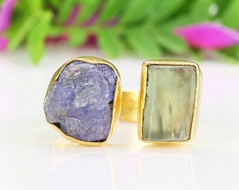 Open adjustable gold plated ring with raw green kyanite and tanzanite gemstones, Handcrafted boho jewellery