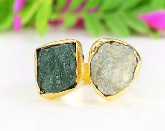 Aventurine and aquamarine gold plated ring, Open statement ring, Natural crystal, Unique gift for her