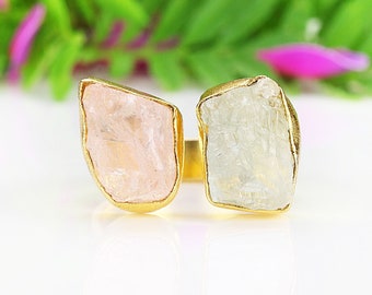 Gold ring with raw rose quartz and aquamarine stones, Adjustable statement ring, Natural crystal jewellery, March birthstone