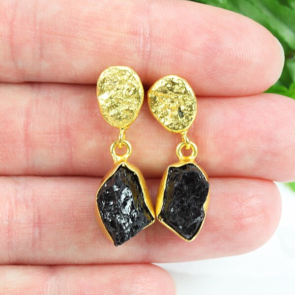 Gold plated earring with black tourmaline / Everyday dainty small earrings / Natural gemstone / Dangle handmade unique unusual earrings