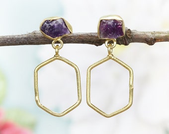 Raw amethyst geometric gold plated earrings / Purple stone nickel free boho bohemian earrings / Unique gift for her / Elegant jewellery