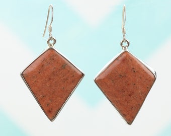 Silver earrings with unakite gemstone / Statement geometric unusual earrings / Orange stone dangle drop earrings / Unique gift for her