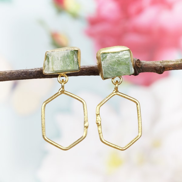 Gold plated earrings with raw green kyanite, Natural crystal green gemstone jewellery, Geometric design, Unique gift for her