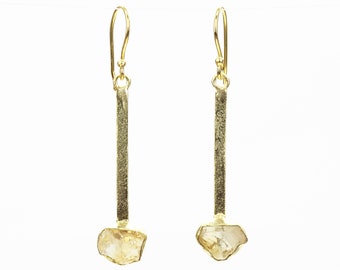 Raw citrine gold plated earrings / dangle drop nickel free earrings / yellow rough natural stone / boho handmade unique earrings