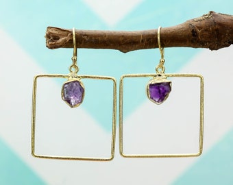 Gold plated raw amethyst boho dangle bohemian handmade purple stone nickel free squared earrings