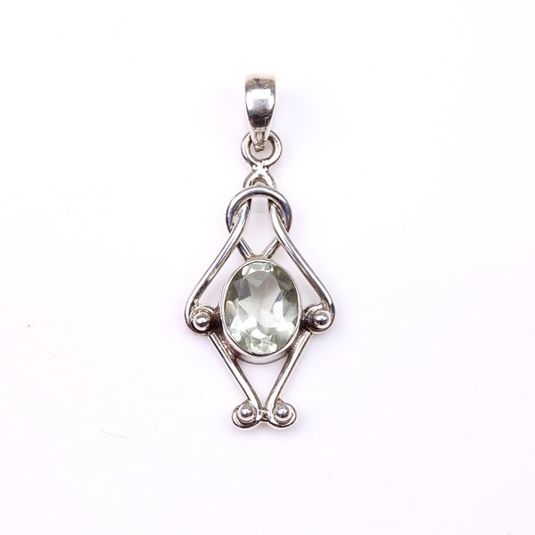 Green amethyst silver pendant, Unique knot pendant, Interesting unusual design, Green quartz jewellery