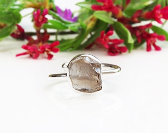 Raw smoky quartz sterling silver ring / Adjustable open ring / Unique unusual handmade ring / Unique gift for her/ Index finger ring