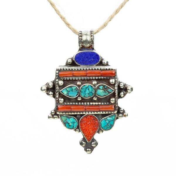 Tibetan tribal pendant / large ethnic pendant / Nepali turquoise handmade jewellery / Statement colorful jewelry