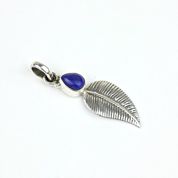 Silver leaf lapis lazuli minimalist delicate blue stone small dainty pendant