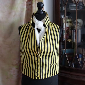 May include: A black and yellow striped waistcoat with a white bow tie. The waistcoat has a high collar and buttons down the front.