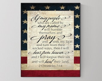 2 Chronicles 7:14 Art Print | Patriotic Scripture Home Wall Decor | Bible Verse | Christian | Scripture | Living Room | US Flag Poster