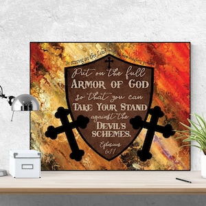Efesios 6:11 Impresión de arte / Ponerse la armadura de Dios / Escudo y cruz / Arte de la pared cristiana / Cartel de los niños / Arte de las Escrituras