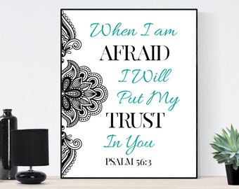 Salmo 56:3 Lámina artística / Cuando tenga miedo, en ti confiaré / Decoración cristiana para el hogar / Escritura / Versículo bíblico / Póster religioso