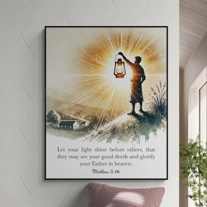 Mateo 5:16 / Deja que tu luz brille ante los demás / Sala de estar / Arte de la pared del versículo bíblico / Obras de arte de las Escrituras Impresión de arte infantil cristiano