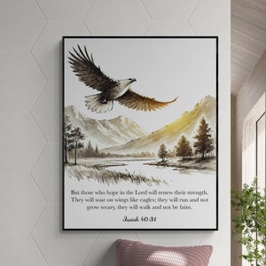 Isaías 40:31 / Se elevarán con alas como águilas / Sala de estar / Arte de la pared del versículo bíblico / Obras de arte de las Escrituras Impresión de arte infantil cristiano