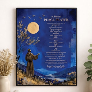 St Francis Peace Prayer Wall Art Print |  Ancient Christian | Living Room Home Decor | Church | Blue Gold Religious Poster