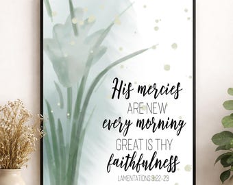 Klaagliederen 3:22-23 schriftkunst aan de muur | Zijn genade is elke ochtend nieuw | Christelijke woondecoratie | Cadeau aquarel bloemen