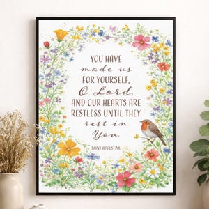 St Augustine Prayer Wall Art Print | Our Hearts Are Restless | Vintage Floral Birds | Christian Living Room Home Decor | Religious Poster