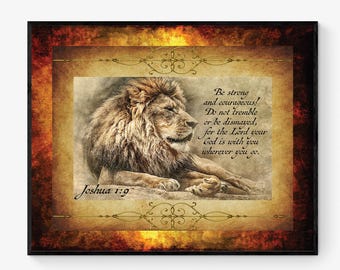 Joshua 1:9 Art Print | Be Strong And Courageous | Scripture Artwork | Home Decor | Christian Inspirational | Lion Poster
