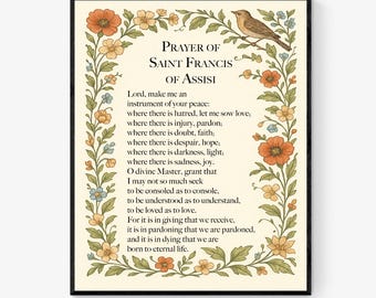St Francis Peace Prayer Wall Art Print | Vintage Floral Birds Ancient Christian | Living Room Home Decor | Church | Religious Poster