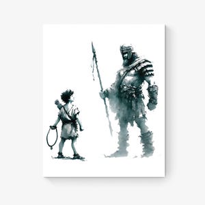 David y Goliat / 1 Samuel 17:43 / Versículo bíblico / Decoración de la pared cristiana / Cartel de las Escrituras / Regalo para niños / Impresión de arte en acuarela