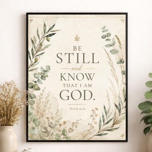 Könnte beinhalten: Ein gerahmter Wandkunstdruck mit dem Text BE STILL and KNOW THAT I AM GOD. PSALM 46:10 in dunkler Schrift. Das Design ist umgeben von Aquarellillustrationen aus grünen Olivenzweigen, Eukalyptusblättern und getrockneten Gräsern auf cremefarbenem Grund.