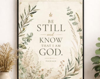 May include: A framed wall art print featuring the text BE STILL and KNOW THAT I AM GOD. PSALM 46:10 in dark lettering. The design is surrounded by watercolor illustrations of green olive branches, eucalyptus leaves, and dried grasses on a cream background.