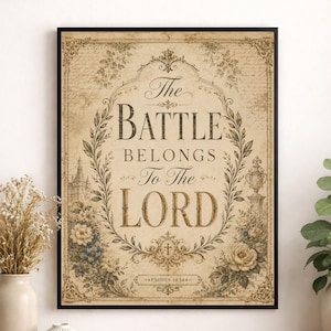 以下が含まれることがあります： ベージュの羊皮紙風の背景に「The BATTLE BELONGS To The LORD」および「EXODUS 14:14」の文字が記された額装済みのウォールアートプリント。装飾的な楕円形の枠、花のイラスト、建築スケッチがデザインされています。