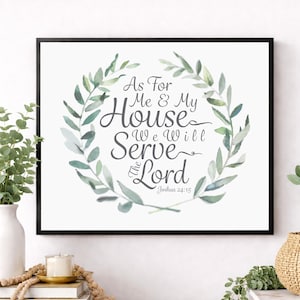 Impression d'art mural de Josué 24h15 | Quant à moi et ma maison, nous servirons le Seigneur | Verset biblique Décoration d'intérieur chrétienne | Couronne verte | Cadeau