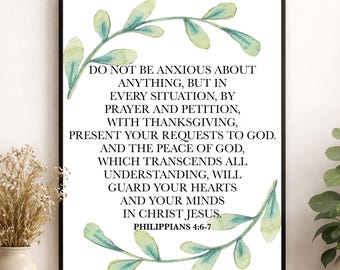 Philippians 4:6-7 Wall Art Print | Do Not Be Anxious Bible Verse | Christian Scripture Home Decor | Botanical Faith Gift
