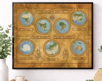 John 3:16 Christian Art Print • World Map Scripture Wall Art • Vintage Map Bible Verse Home Decor • Christian Classroom & Home Faith Poster