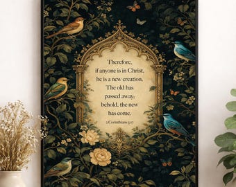 2 Corinthians 5:17 Wall Art Print | Vintage Floral Birds | New Creation | Christian Bible Verse | Room Home Decor | Scripture | Poster Gift