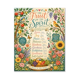 May include: A rectangular wall art print featuring the text The Fruit of the Spirit Galatians 5:22-23 surrounded by colorful illustrations of trees, birds, butterflies, flowers, and a basket of fruit with the text Walk in the Spirit at the bottom.