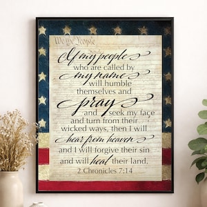 Impression d'art mural 2 Chroniques 7:14 | Décoration d'intérieur écriture patriotique | Verset biblique | Chrétienne | Écriture sainte | Salon | Affiche du drapeau américain